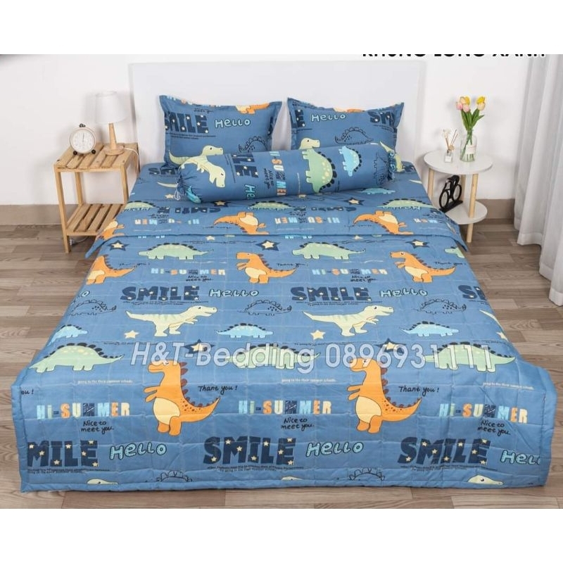 Bộ Chăn Hè Trần Bông Ga Gối 5 món mẫu Khủng Long Xanh Nước đầy đủ kích cỡ m2/m6/m8 siêu đẹp