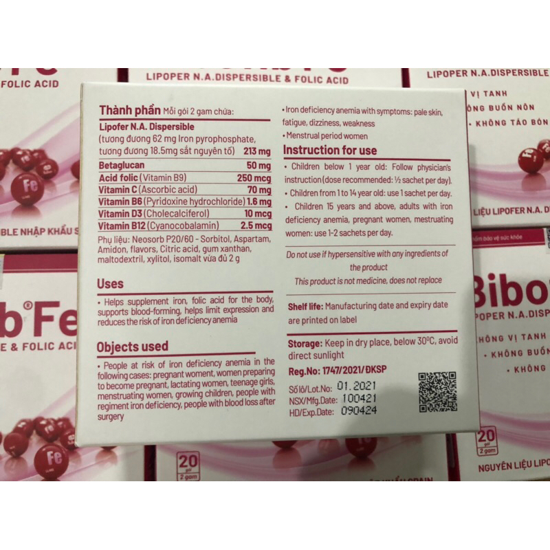 Bibofib fe- bổ xung sắt, acid foic,hỗ trợ quá trình tạo máu cho cơ thể.