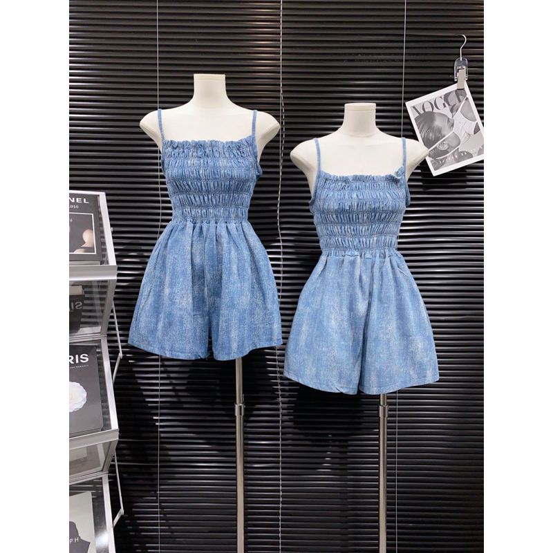 Jumpsuit bò loang 2 dây chun người co giãn ống quần ngắn rộng hot (ảnh thật trải sàn)