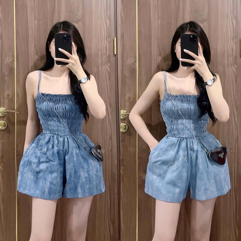 Jumpsuit bò loang 2 dây chun người co giãn ống quần ngắn rộng hot (ảnh thật trải sàn) | BigBuy360 - bigbuy360.vn