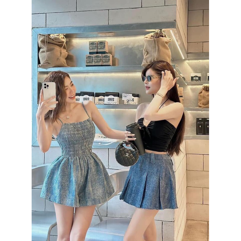 Jumpsuit bò loang 2 dây chun người co giãn ống quần ngắn rộng hot (ảnh thật trải sàn) | BigBuy360 - bigbuy360.vn