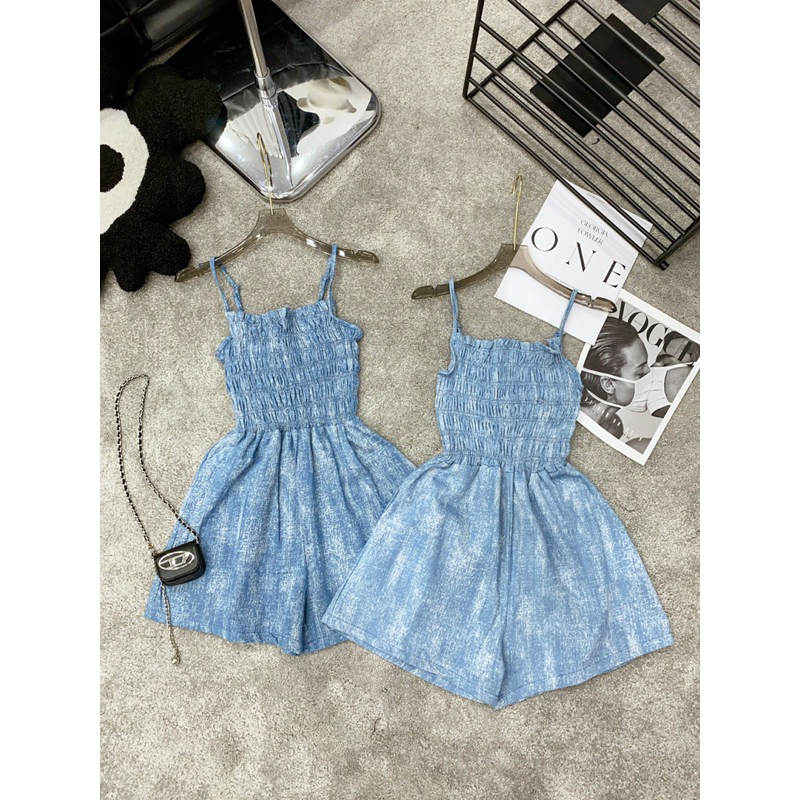 Jumpsuit bò loang 2 dây chun người co giãn ống quần ngắn rộng hot (ảnh thật trải sàn) | BigBuy360 - bigbuy360.vn