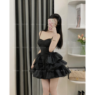 ĐẦM THIẾT KẾ HAI DÂY VOAN TẦNG DÁNG NGẮN ĐÍNH KHUY ( kèm hình thật )