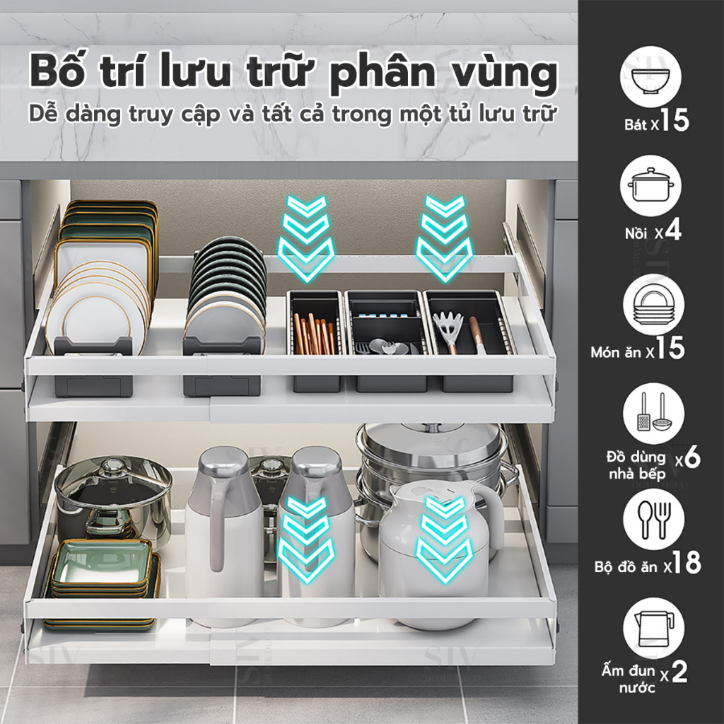 Giá kéo bát đĩa đa năng SIV Có thể điều chỉnh chiều ngang và kéo ra vào ạ kệ xoong nồi 1/2 tầng,Giá kéo xoong nồi