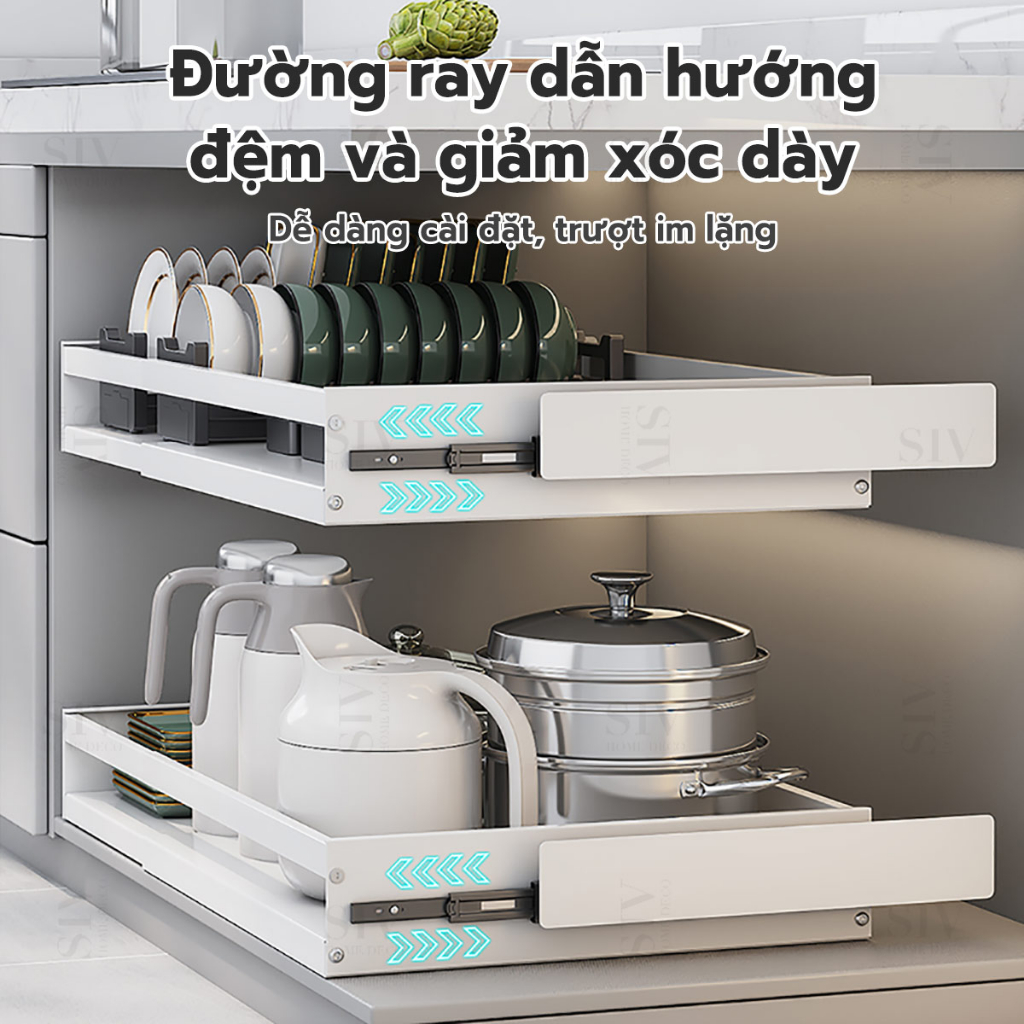 Giá kéo bát đĩa đa năng SIV Có thể điều chỉnh chiều ngang và kéo ra vào ạ kệ xoong nồi 1/2 tầng,Giá kéo xoong nồi