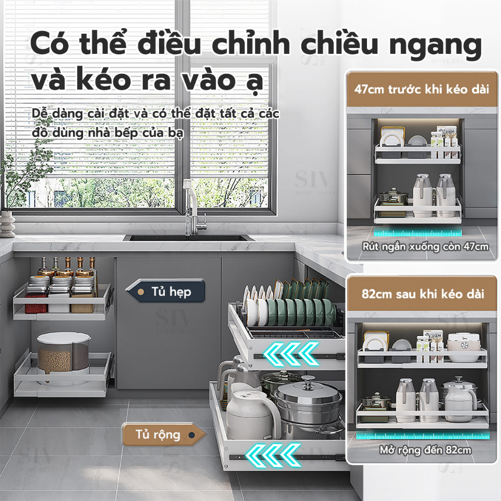 Giá kéo bát đĩa đa năng SIV Có thể điều chỉnh chiều ngang và kéo ra vào ạ kệ xoong nồi 1/2 tầng,Giá kéo xoong nồi