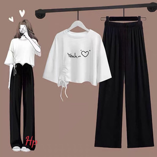 Sét áo croptop rút eo Yeah trái tim + quần rua đen TH6