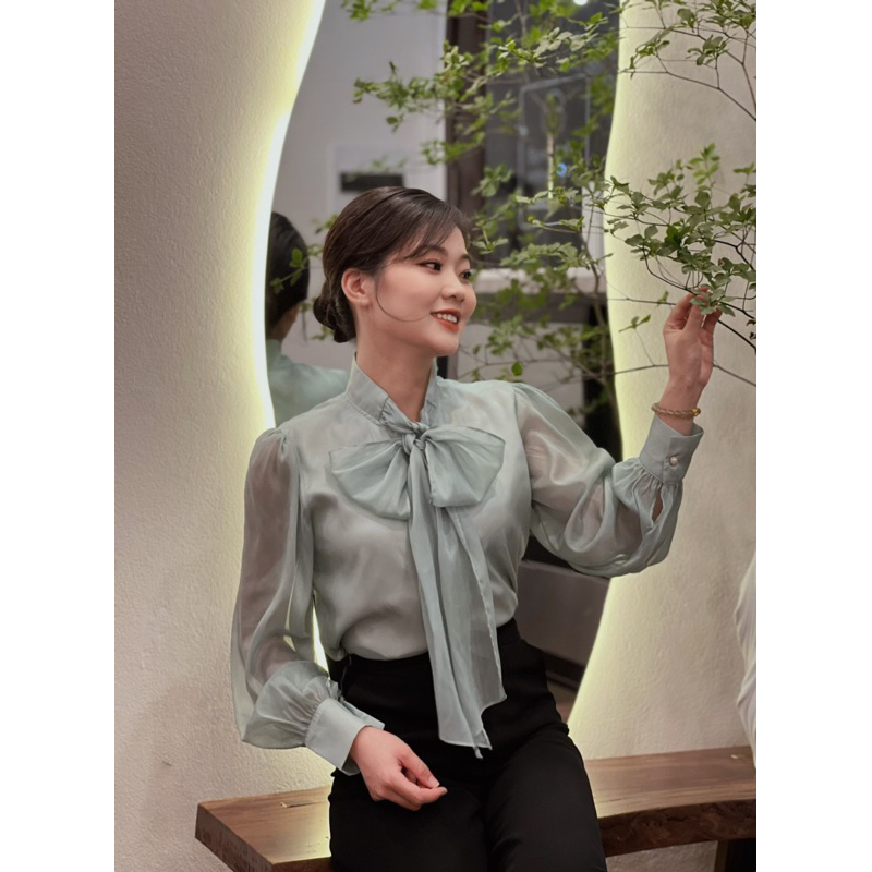 Áo Sơ Mi Cổ Nơ Xinh Xắn, Chất Tơ Óng Mềm Mát