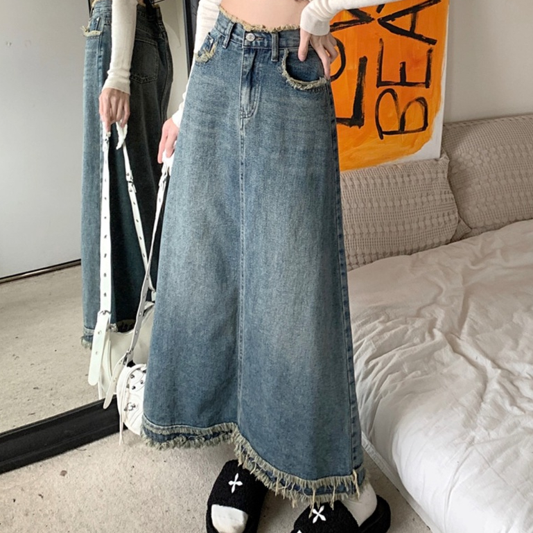 Chân Váy Jean Dáng Dài  Chan Váy Tua Gấu C22