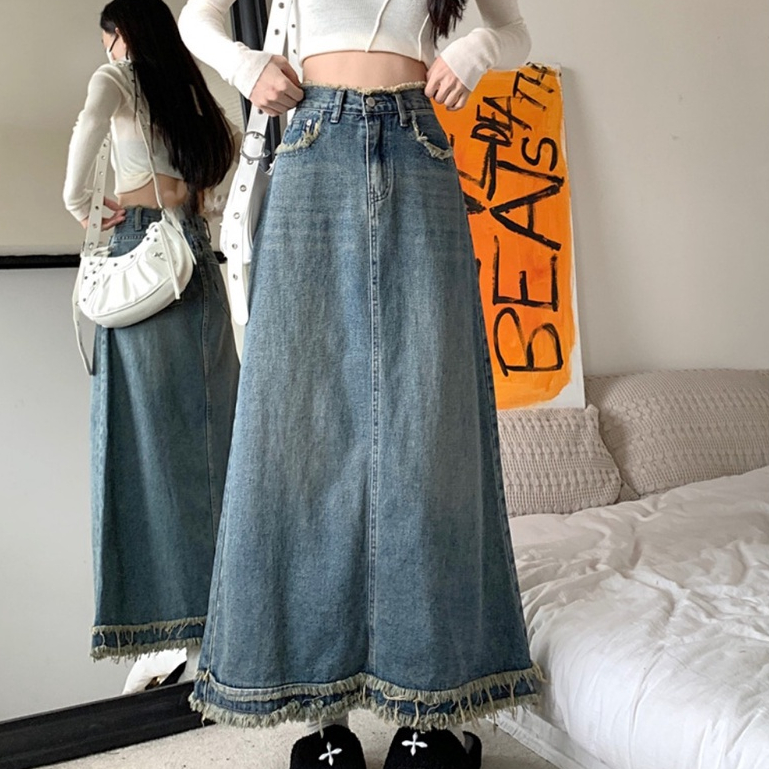 Chân Váy Jean Dáng Dài  Chan Váy Tua Gấu C22