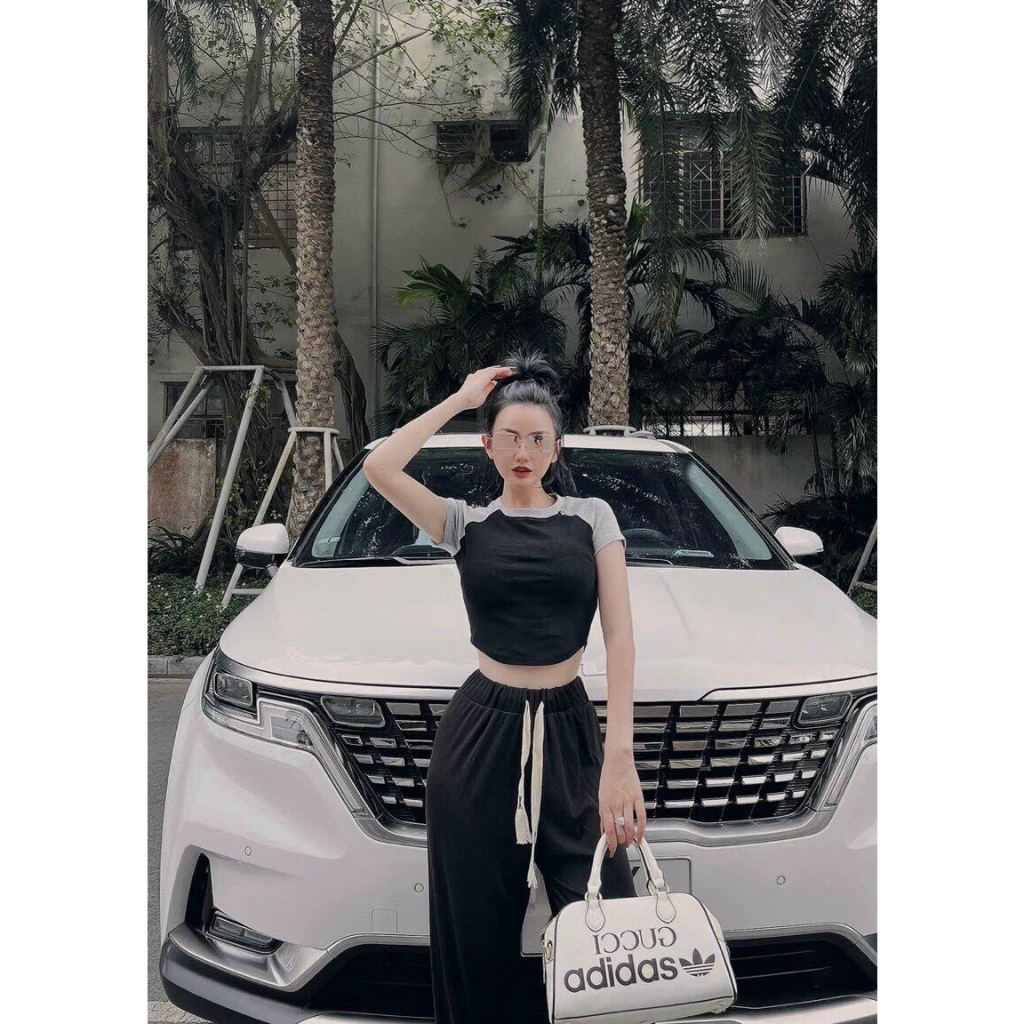 Bộ croptop tay ngắn lai bầu,quần ống rộng in hình,sét bộ thun gân phối màu cho nàng dạo phố mặc nhà