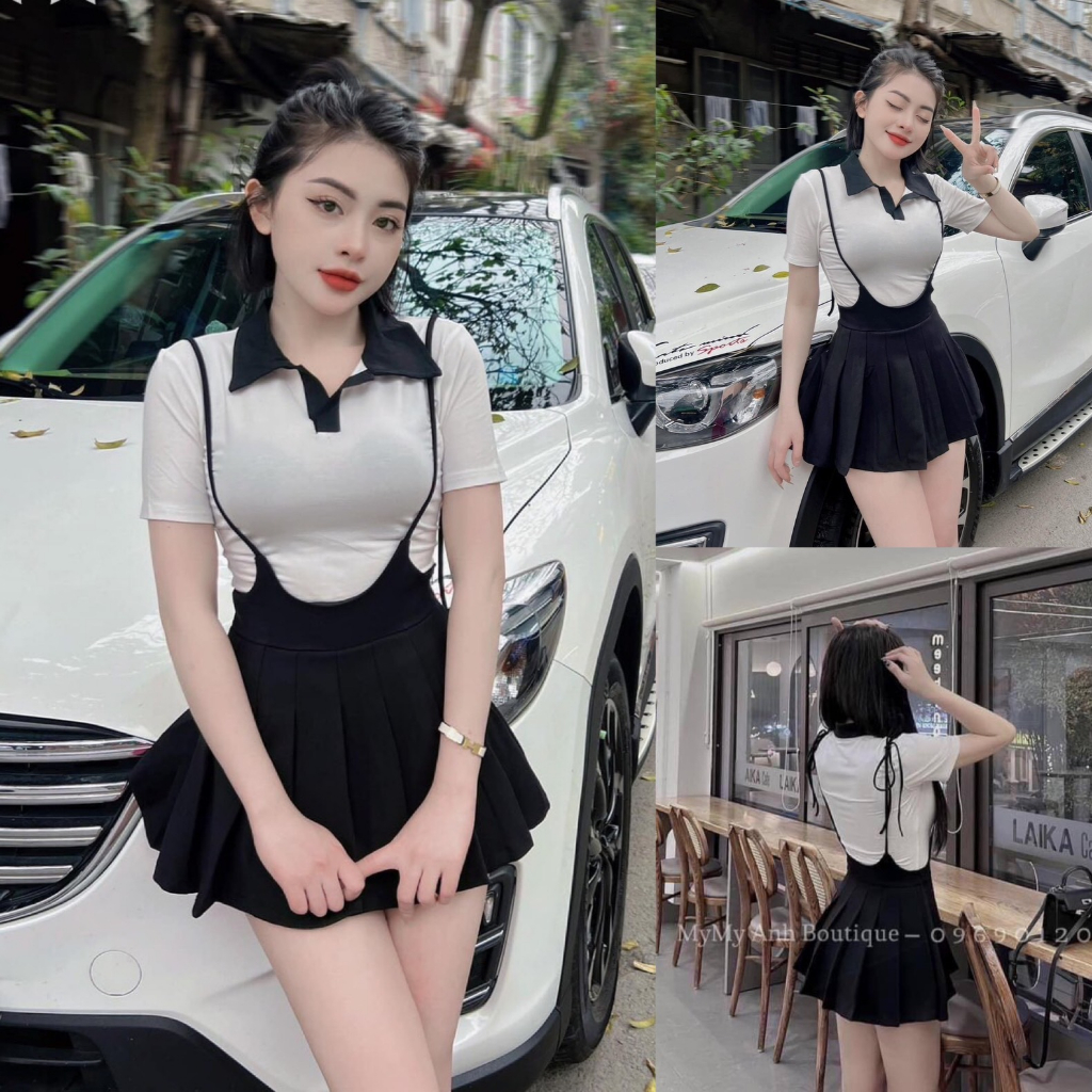 Set bộ đồ nữ áo thun body trắng phối viền cổ mix yếm váy xếp ly siêu xinh dành cho các nàng teen diện đi phố, đi chơi