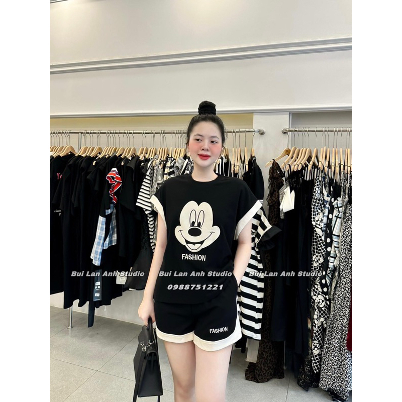 Bộ đồ bầu , bộ bầu mặc nhà và sau sinh set áo mikey mix quần sooc cạp bầu tay ngắn sát nách thoải mái năng động