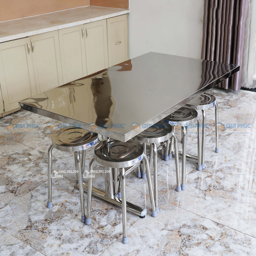 Bộ bàn inox chữ nhật chân chữ T + 6 ghế inox 304 Qui Phúc, Miễn ship HCM