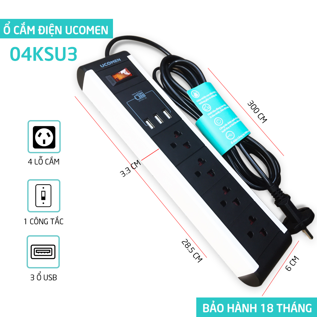 Ổ cắm điện đa năng UCOMEN 03 cổng sạc 3.4A chống quá tải, chống giật