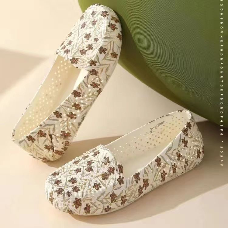 Giày Búp bê nữ nhựa dẻo họa tiết Hoa Nhí lỗ thoáng khí đi mưa, đi biển, giày công sở êm chân chống trơn GL004