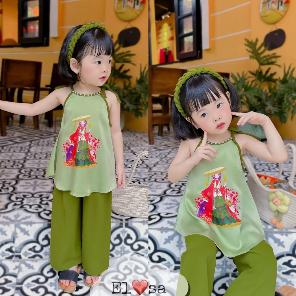 Quần áo bé gái- Set Áo Yếm Quần Suông Kèm Bờm Cài Tóc Siêu Xinh Cho Bé 1-8 Tuổi
