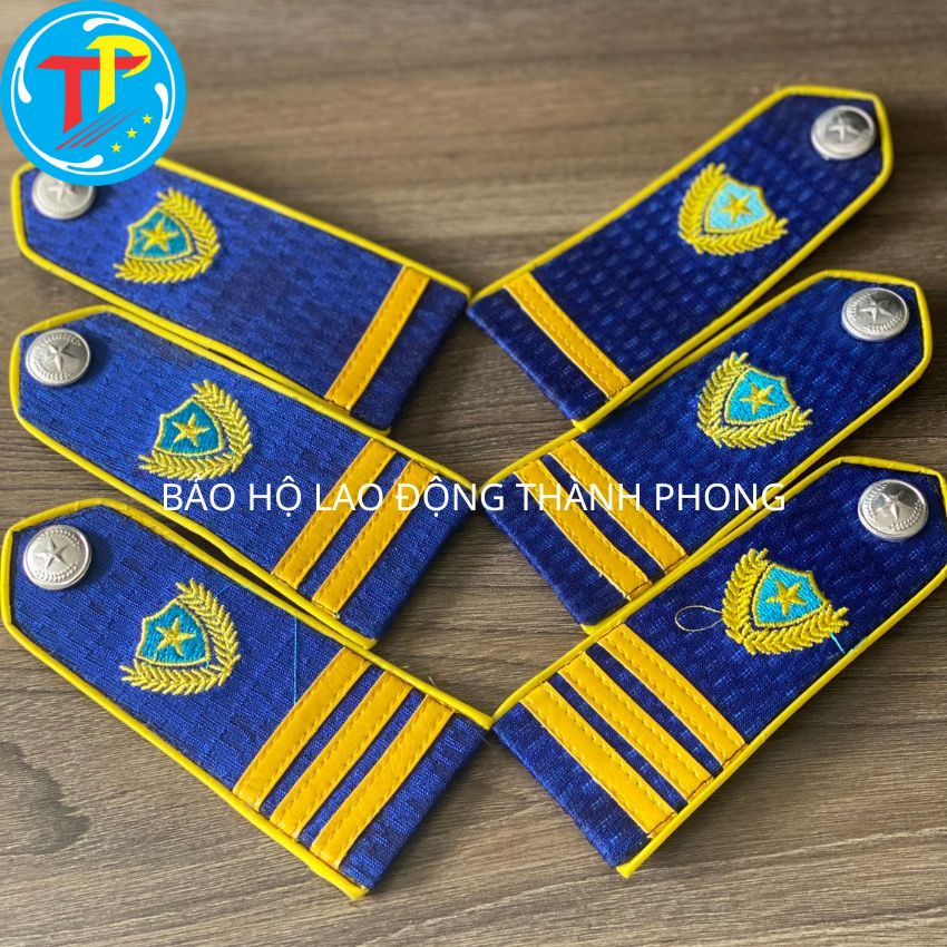 Cầu vai bảo vệ xanh dương viền vàng thêu, cầu vai theo thông tư mới, mũ bảo vệ, sao – Bảo hộ lao động THÀNH PHONG
