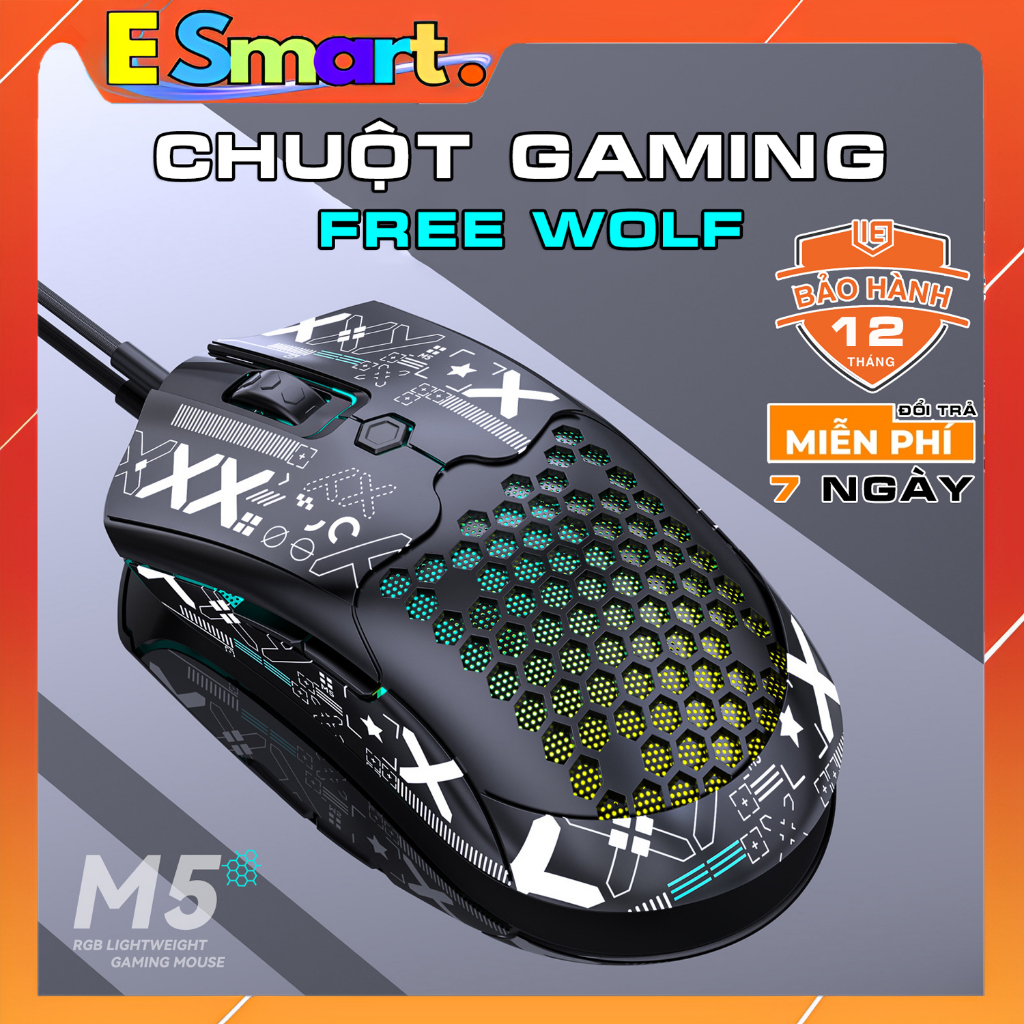 Chuột Gaming LED RGB Free Wolf M5 Chuyên Dùng Cho Dân Chơi Game Và Dân Văn Phòng Với Cảm Biến Quang Học PAV3325,DPI12000