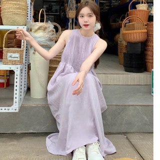 (ORDER) Váy màu  tím pastel ba  lỗ    xếp ly trước ngực, xòe babyoll điệu đà nhẹ nhàng Hàn Quốc (Hàng QCL1)