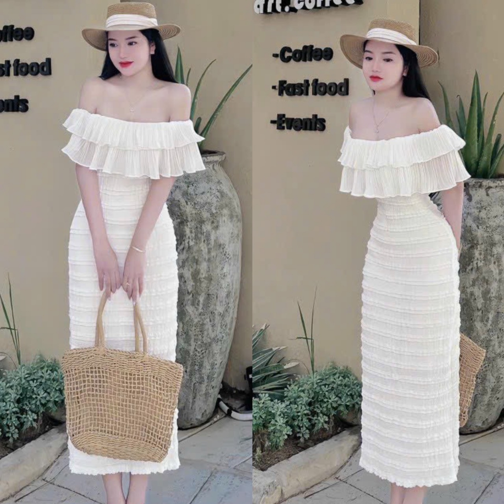 Đầm nữ dự tiệc,đầm body dáng dài trễ vai dập ly chất vải len ren 2 lớp cao cấp sang trọng cho nàng dự tiệc,dạ hội