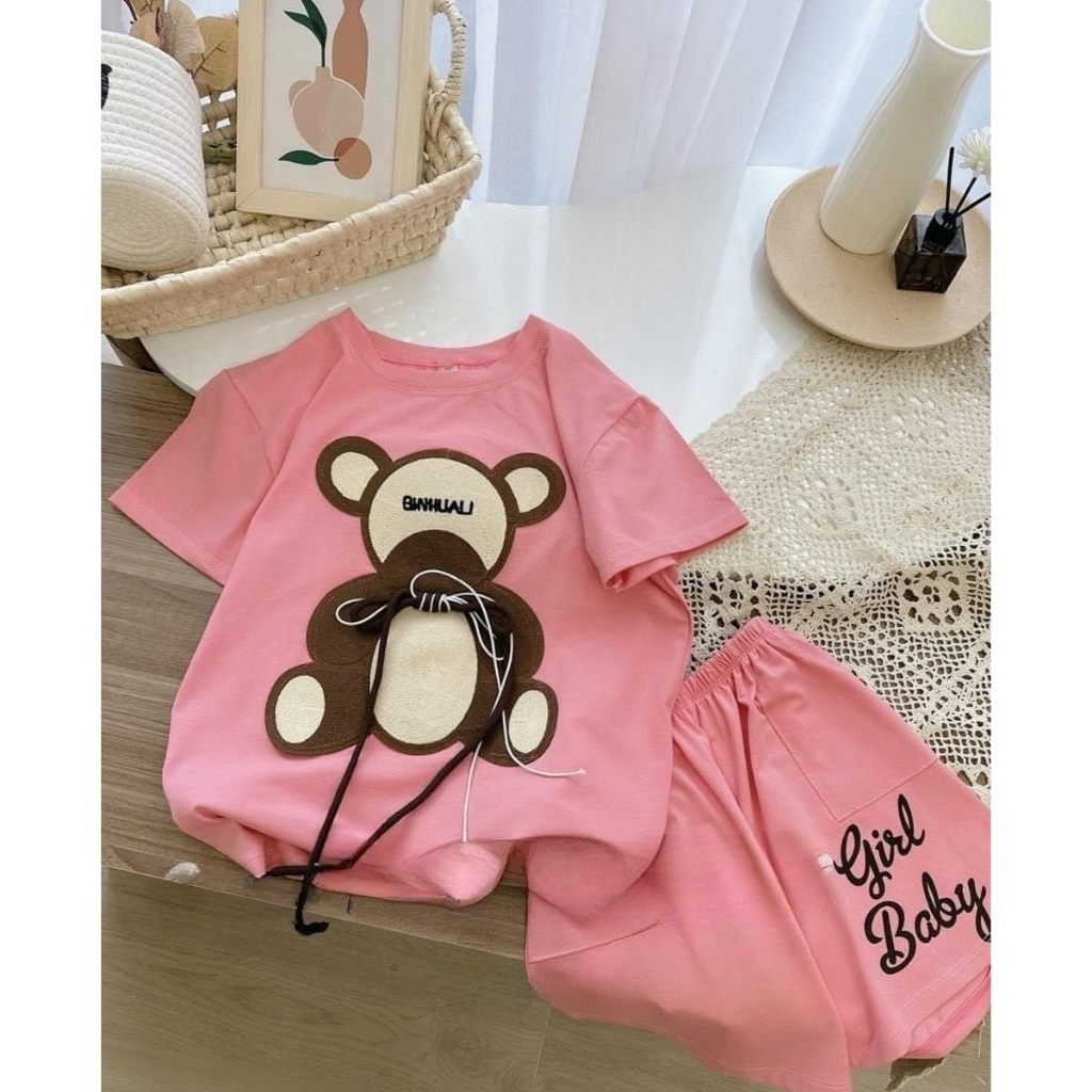 Bộ gấu cotton hình in đắp dây nổi siêu dễ thương cho bé từ 10kg đến 55kg