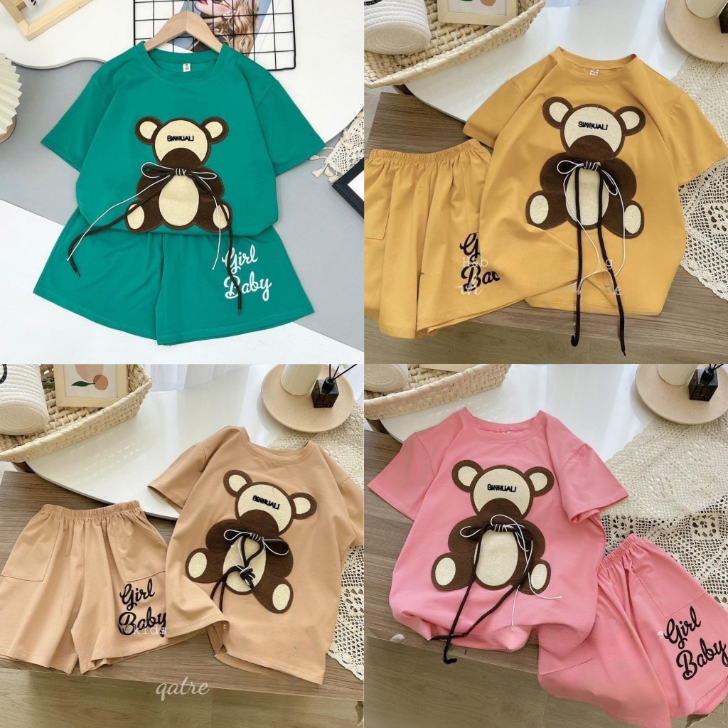 Bộ gấu cotton hình in đắp dây nổi siêu dễ thương cho bé từ 10kg đến 55kg