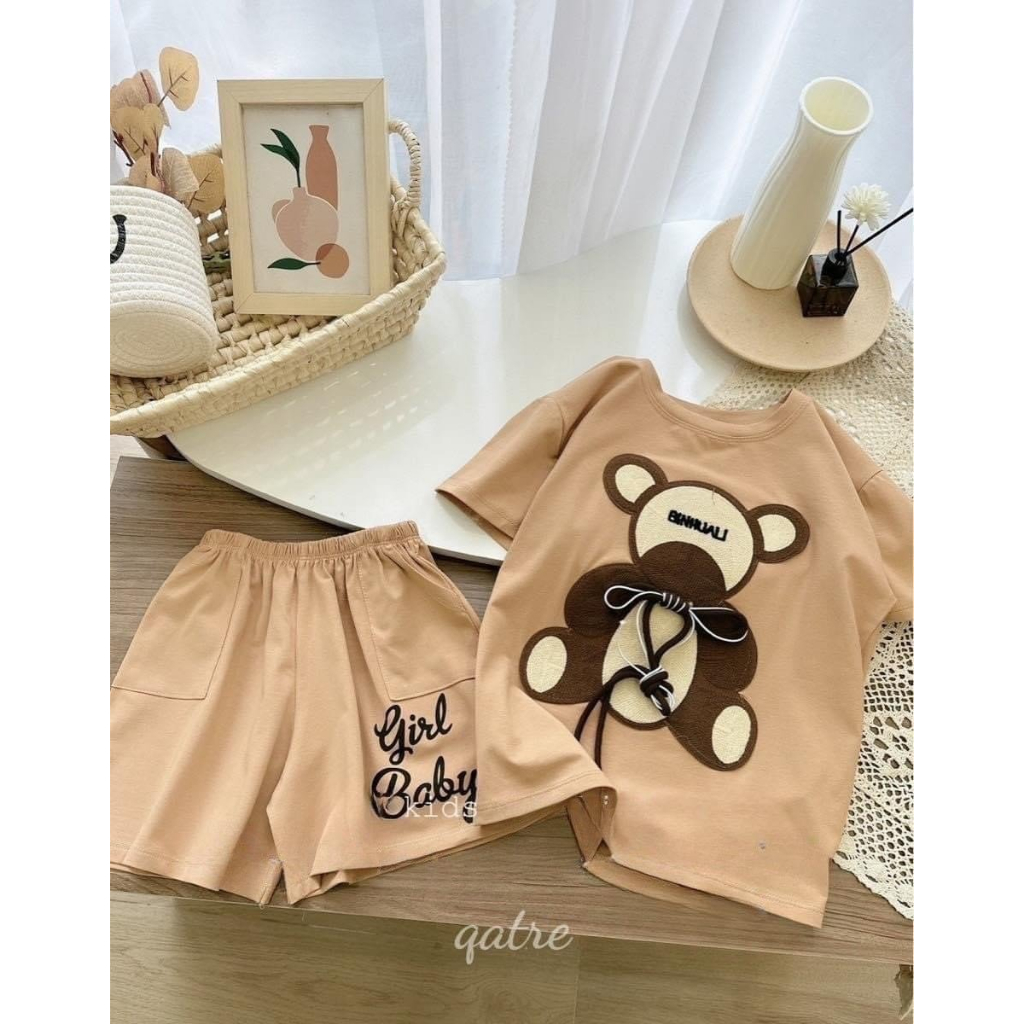 Bộ gấu cotton hình in đắp dây nổi siêu dễ thương cho bé từ 10kg đến 55kg