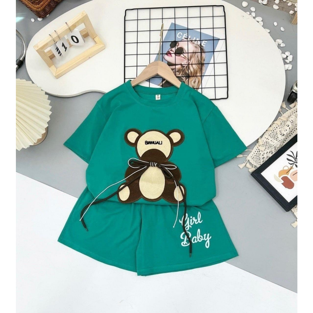 Bộ gấu cotton hình in đắp dây nổi siêu dễ thương cho bé từ 10kg đến 55kg
