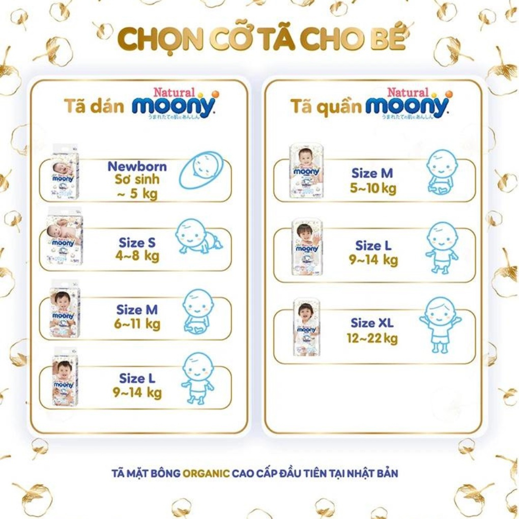 Tả bỉm dán quần Moony Natural đủ size NB62/S58/M46/L38/L36/XL32 cho bé