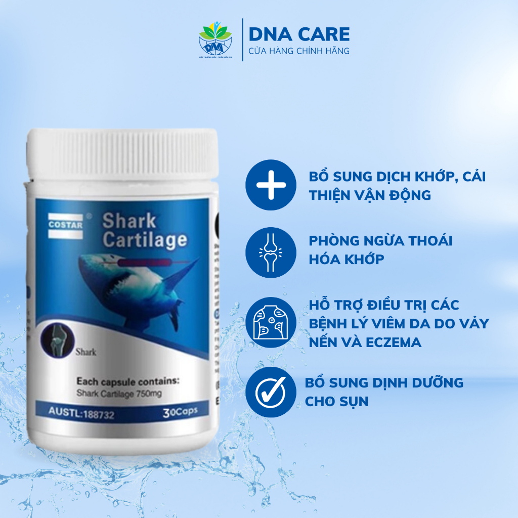 Viên uống xương khớp sụn cá mập Shark Cartilage Costar hỗ trợ tạo chất nhờn cho khớp hộp 30/120/365 viên