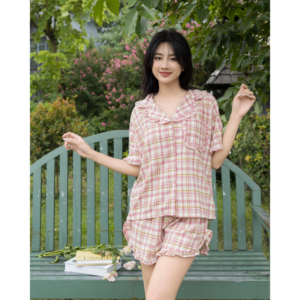 Bộ kate pyjama phối cổ, tay bèo siêu xinh - Đồ ngủ cao cấp Châu Sa