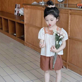 Đồ bộ bé gái - Set Áo sơ mi thêu phối ren kèm quần short chất đũi siêu xinh cho bé gái từ 7 đến 18 kg - SUN KID'S