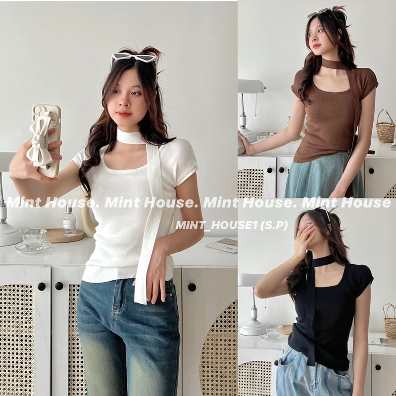 A146 ÁO LEN NỮ MỎNG CỘC TAY KÈM DÂY NƠ PHONG CÁCH HÀN QUỐC HÀNG QC CHẤT ĐẸP