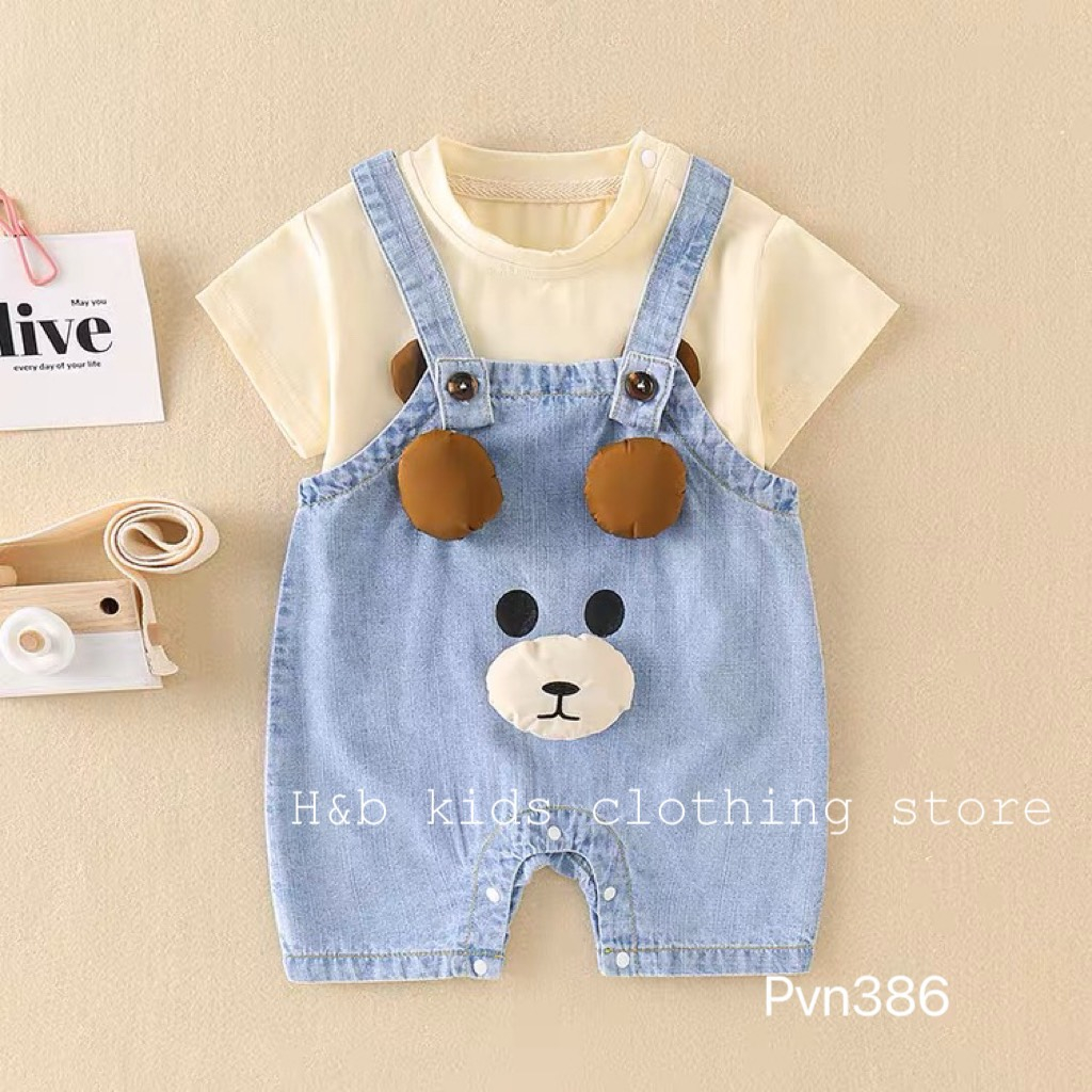 Set Quần yếm jean, kèm áo thun cotton cộc tay phong cách dễ thương hình chú gấu cho bé