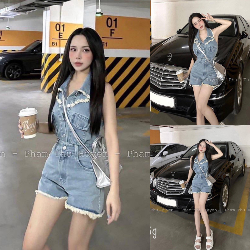 Set bộ jeans nữ form ngắn cổ sơ mi ba lỗ phong cách nữ cá tính, xinh xắn