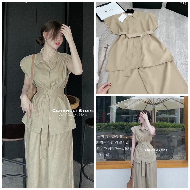 Set áo sơ mi phối quần suông kèm đai siêu hot Vải thô đũi QC đẹp mát, nẹp giấu cúc cẩn thận, kèm đai tôn