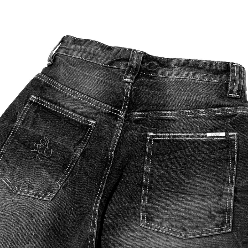 Quần Jean TSUN Razor Wash Baggy - [Unisex] - Ống Rộng - Wash Đen - Tag Kim Loại