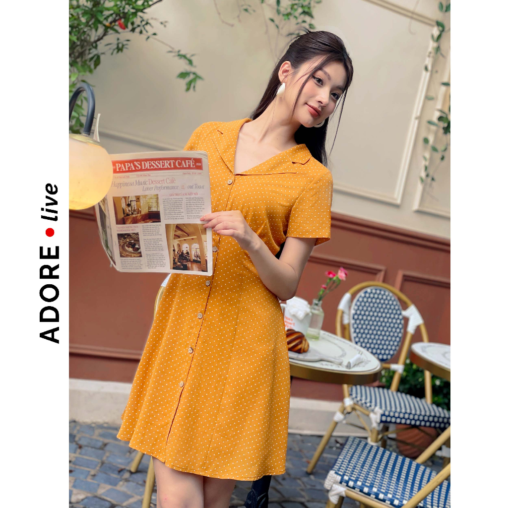 Đầm Mini dresses cổ 2 ve lụa chấm bi đỏ  và chấm bi vàng cổ 2 ve 321DR1074  ADORE DRESS