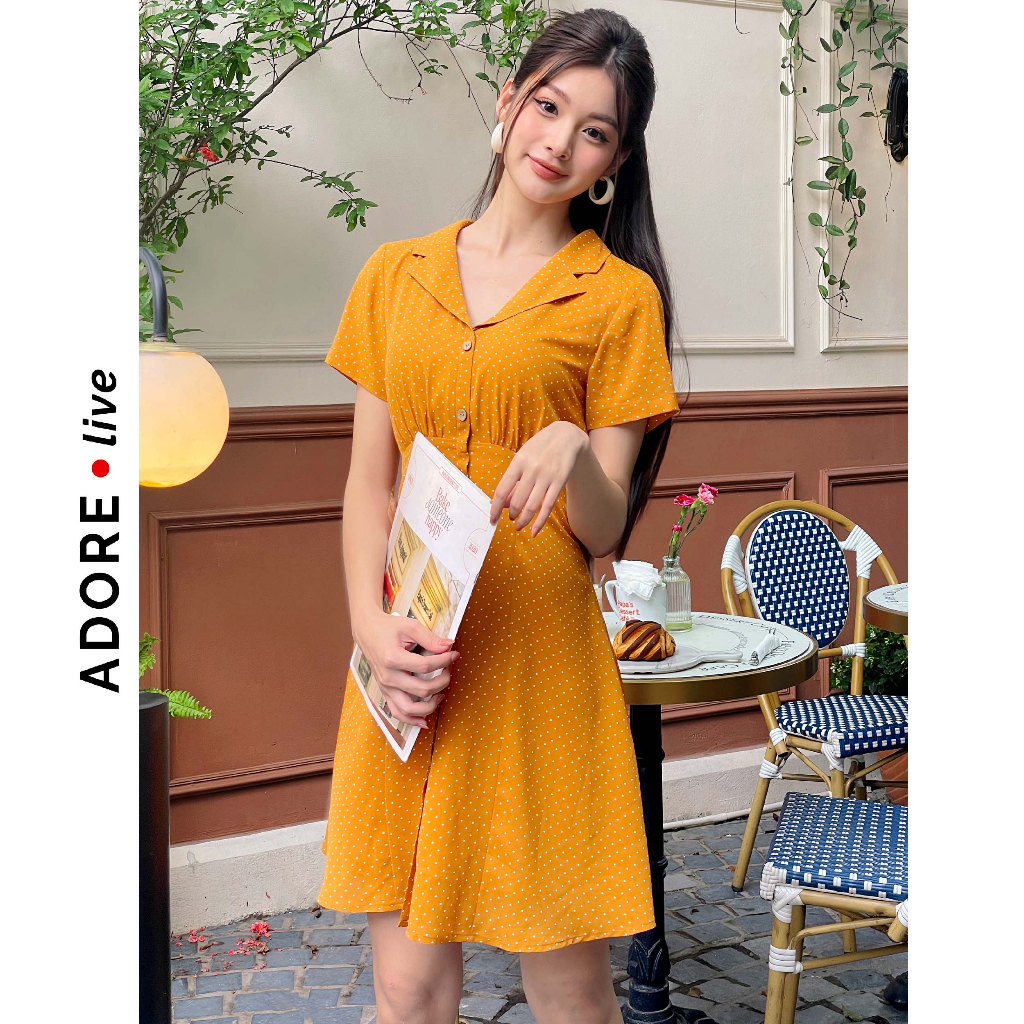 Đầm Mini dresses cổ 2 ve lụa chấm bi đỏ  và chấm bi vàng cổ 2 ve 321DR1074  ADORE DRESS