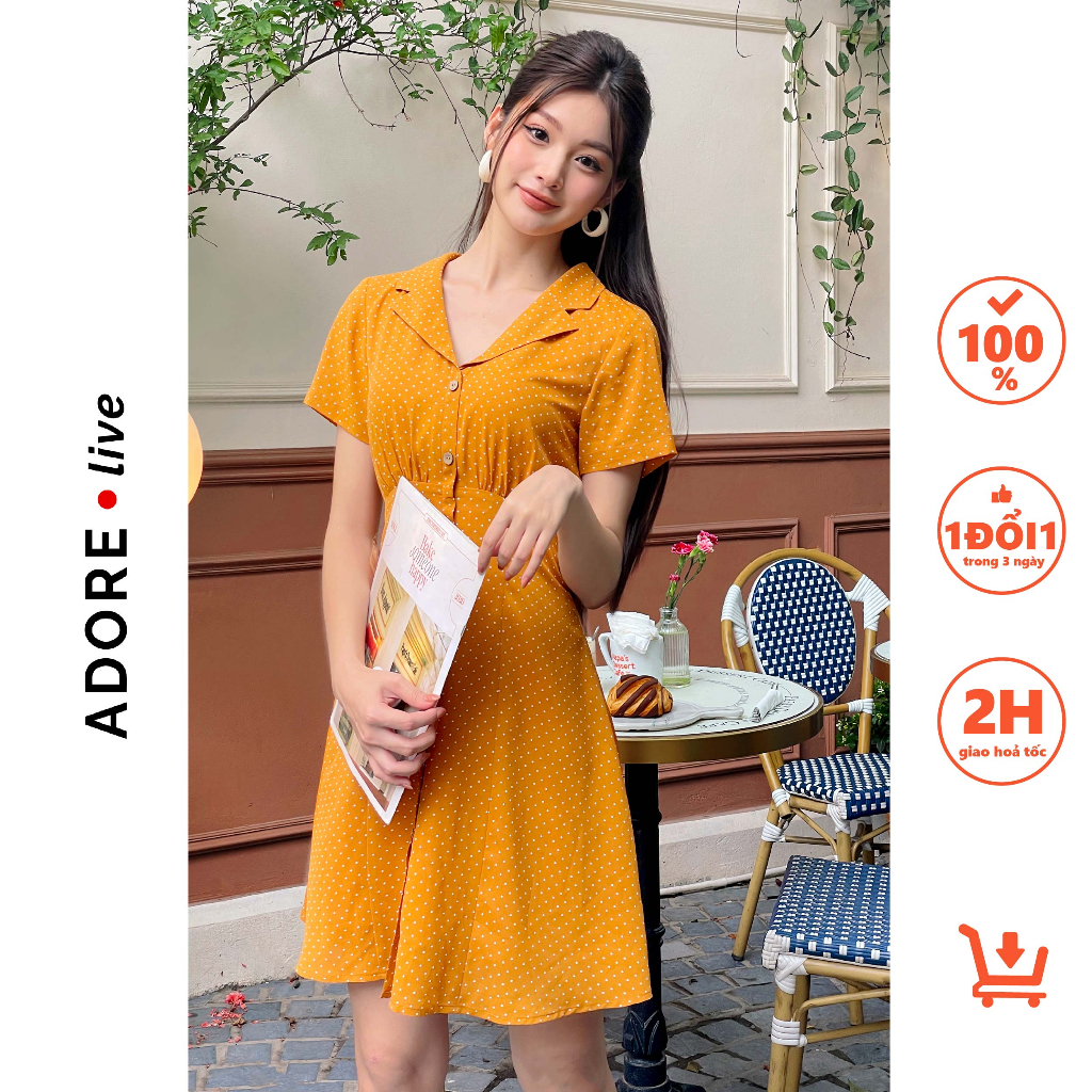 Đầm Mini dresses cổ 2 ve lụa chấm bi đỏ  và chấm bi vàng cổ 2 ve 321DR1074  ADORE DRESS