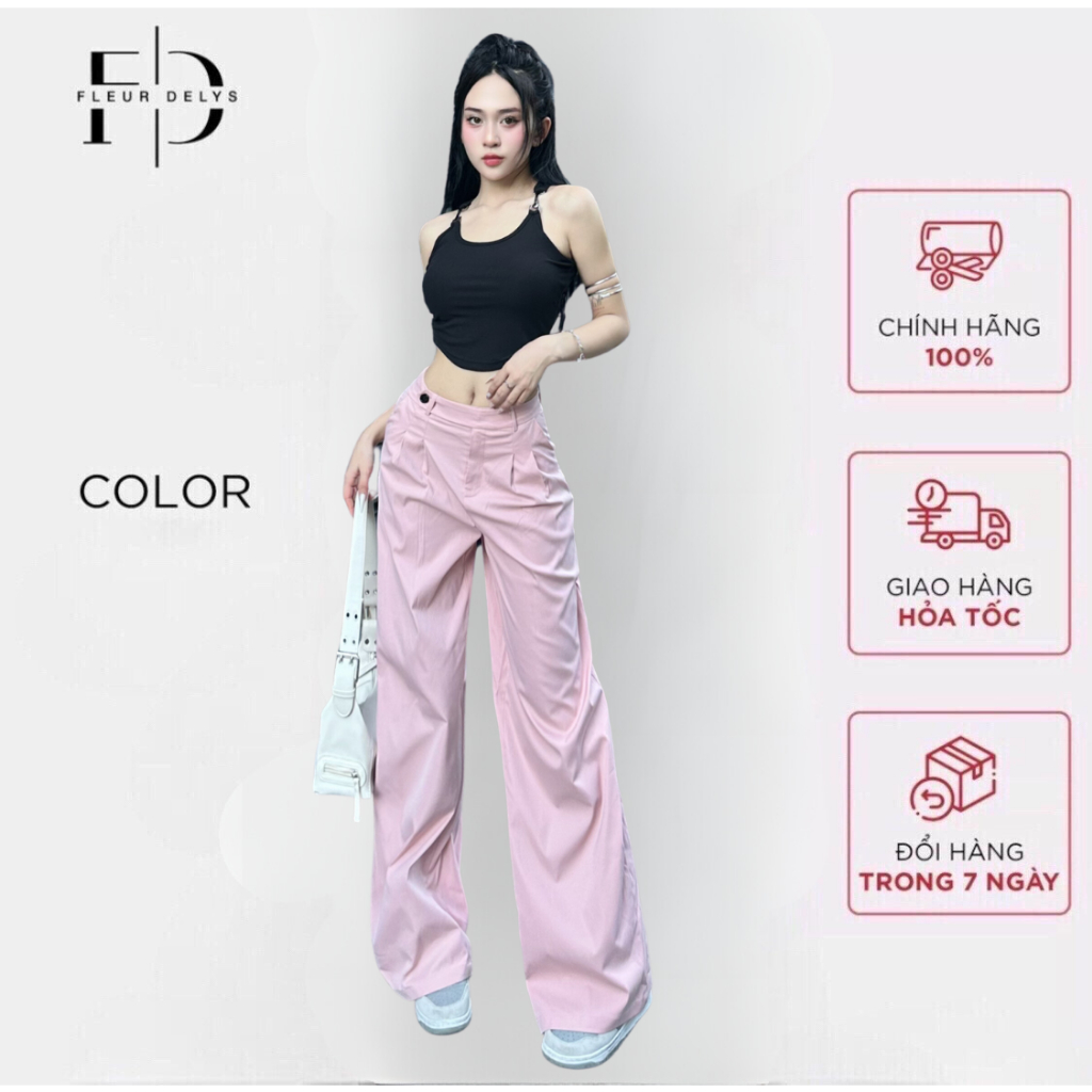 Quần suông nữ Delys QB292 AC272 cạp cao quai lệch về 1 bên thời trang cá tính & Áo croptop 2 dây phối xích cá tính