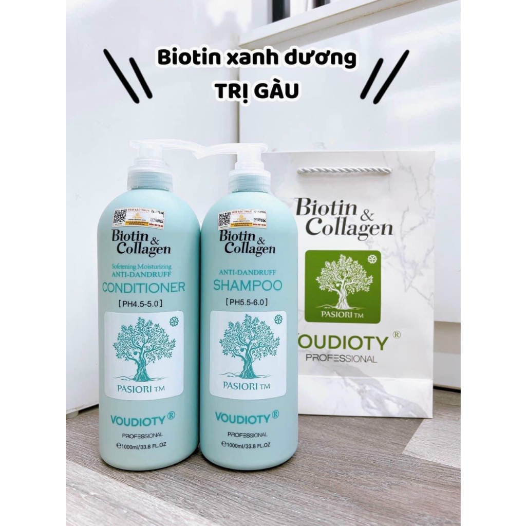 Cặp Dầu Gội Xả Biotin Collagen Voudioty Xanh Dương 500ml-1000ml Ngăn Gàu Phục Hồi Tóc Khô Xơ Hư Tổn