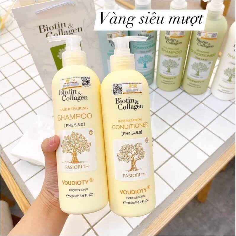 Cặp Dầu Gội Xả Biotin Collagen Voudioty Vàng 500ml-1000ml Siêu Mềm Mượt Phục Hồi Tóc Khô Xơ Hư Tổn