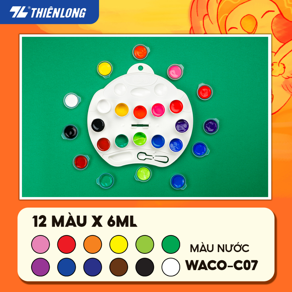 [Mã LIFEMC07BPABAU giảm 20k đơn 99k] Màu nước Thiên Long Colokit 12 màu tươi sáng tiêu chuẩn Châu Âu WACO-C07