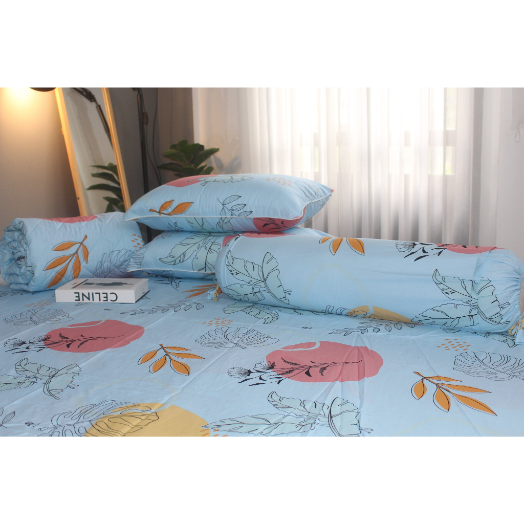 Bộ drap gối KHA LY - cotton thiên nhiên - Lá Nhiệt Đới- Biển VN337