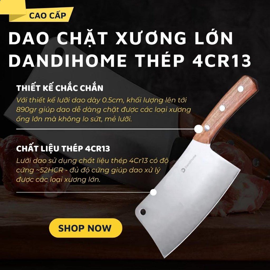 Dao chặt xương lớn Dandihome thép 4Cr13 nặng 890gr cao cấp