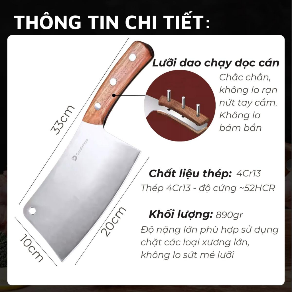 Dao chặt xương lớn Dandihome thép 4Cr13 nặng 890gr cao cấp