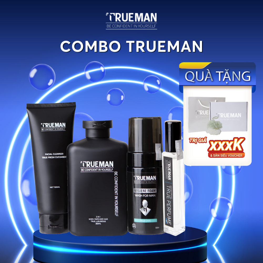 Combo Quà Tặng Trọn Bộ Trueman Sữa Tắm Gội 3 in 1 Nước Hoa Sữa Rửa Mặt Bọt Vệ Sinh Hộp Túi Quà Bông Tắm Mềm Mại Cao Cấp