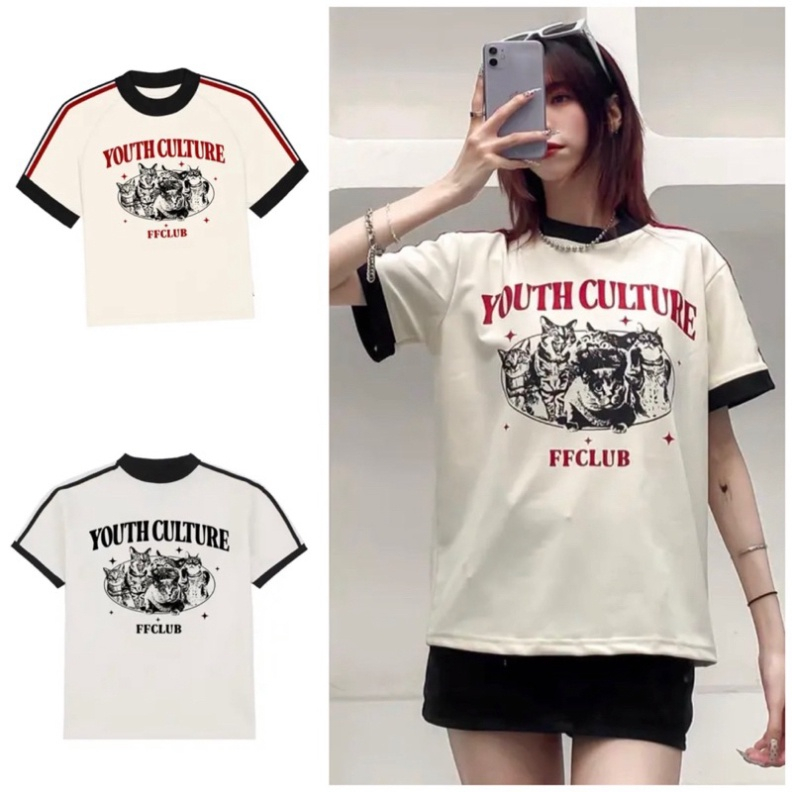 Áo Phông Baby Tee Phối Tay Sọc, Áo Thun Form Fit Ffclub Cat Crew Chất Cotton Co Giãn At25